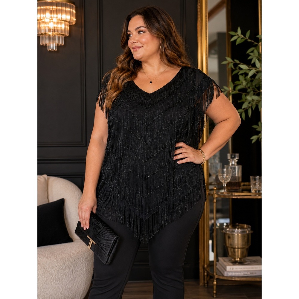 Nightworks Black Fringe Beaded Top XL Art Deco 1920s Gatsby Cocktail Evening